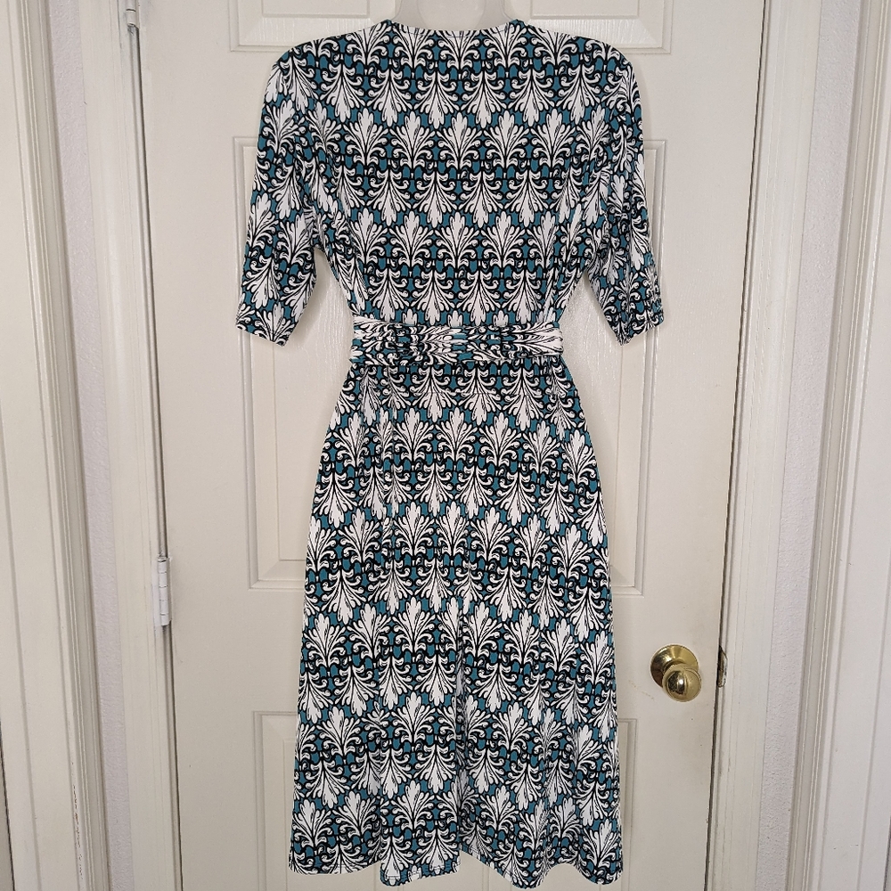 Wrap Dress (Faux) Stretch Elbow Sleeve Print Blue/Green Pullover M - Picture 3 of 14